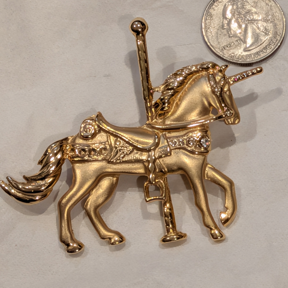 Gold Carousel Unicorn Brooch with Rhinestone Accents